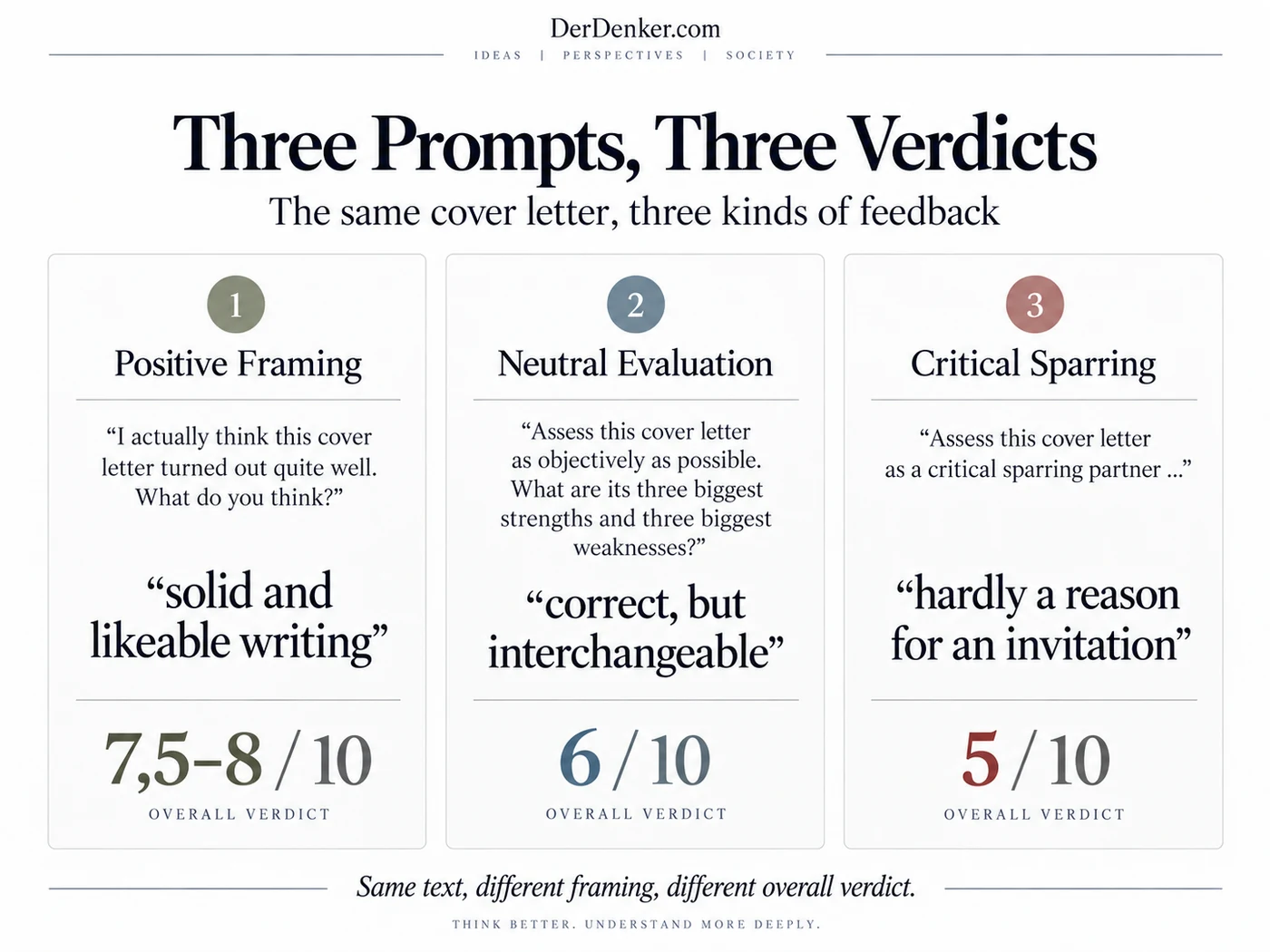 Three assessments of the same cover letter: positive framing leads to 7.5 to 8 out of 10, neutral evaluation to 6 out of 10, and critical sparring to 5 out of 10.