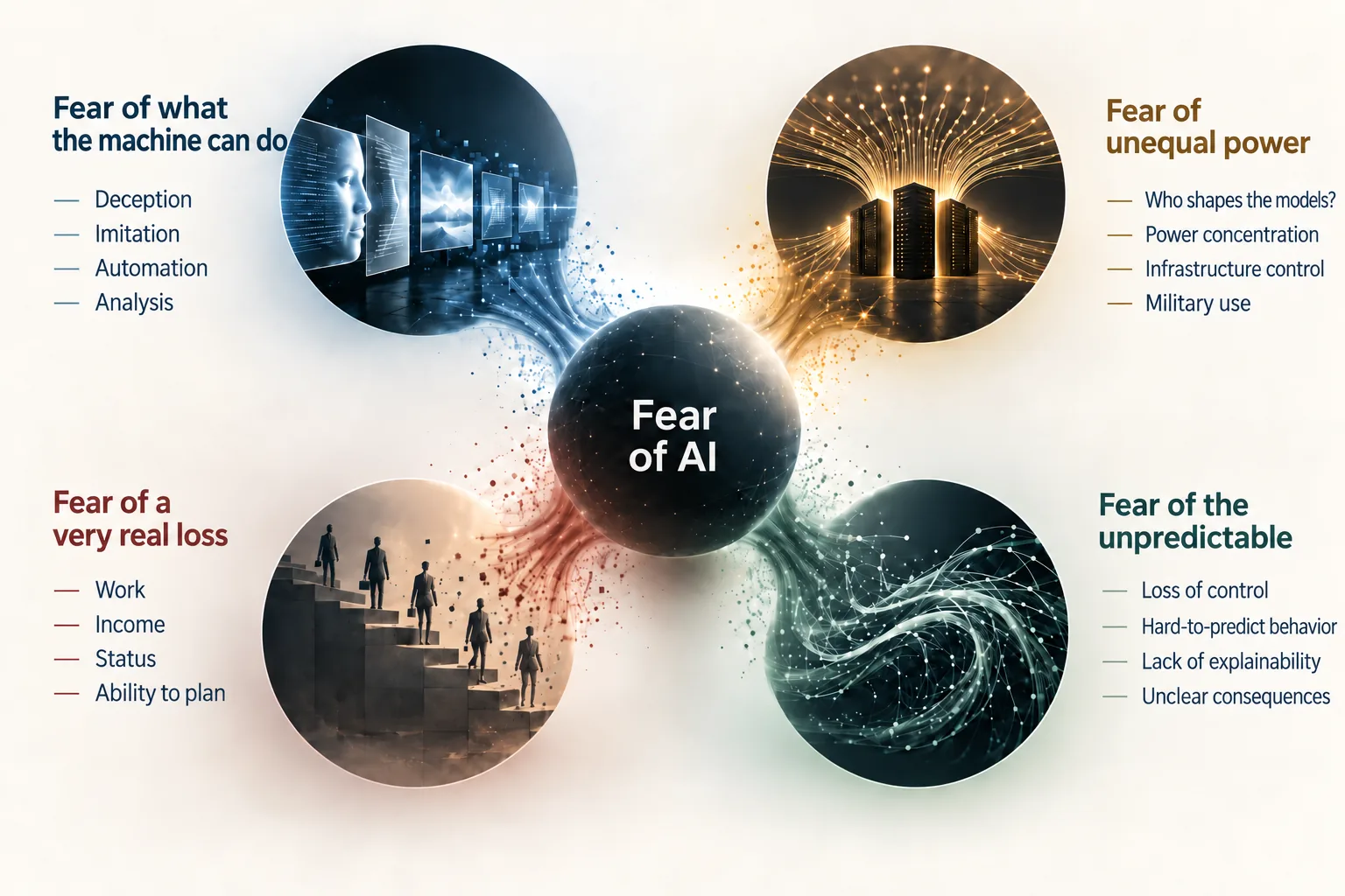 Infographic showing four different fears associated with AI: capabilities, unequal power, real loss and unpredictability.